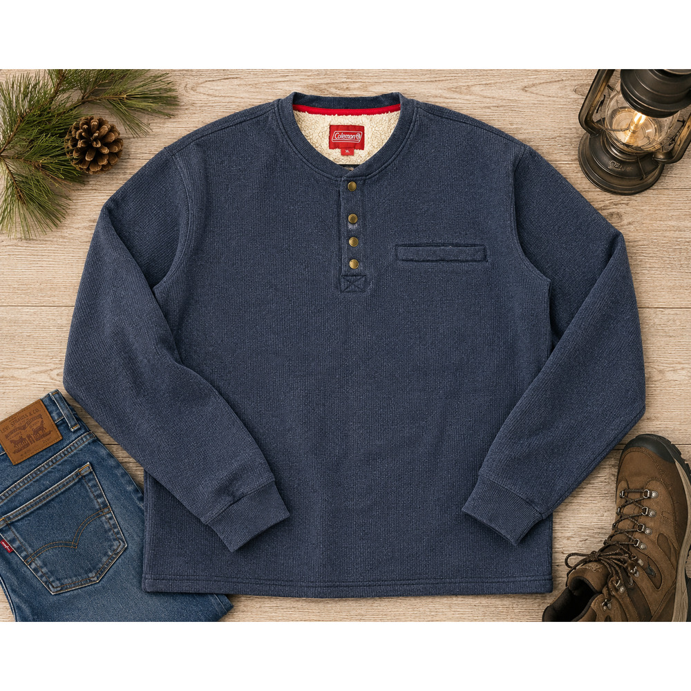 Coleman Sherpa Lined Waffle Knit Henley XL Indigo Heather Thermal Snap Pullover
